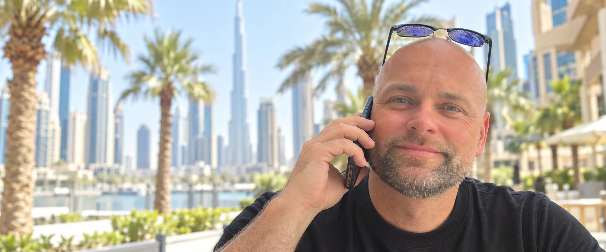 Chris Hamlett on the phone in Downtown Dubai