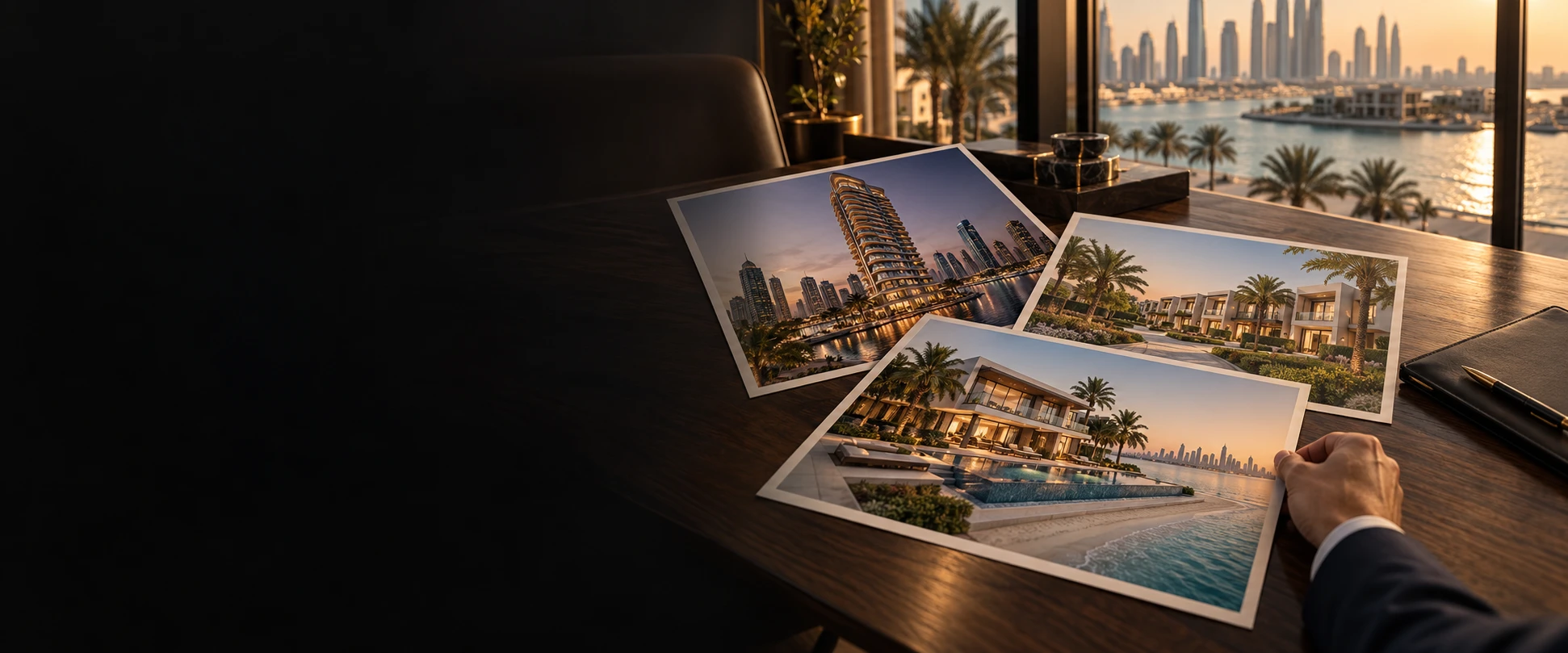 Three property opportunities laid out on a desk overlooking Dubai