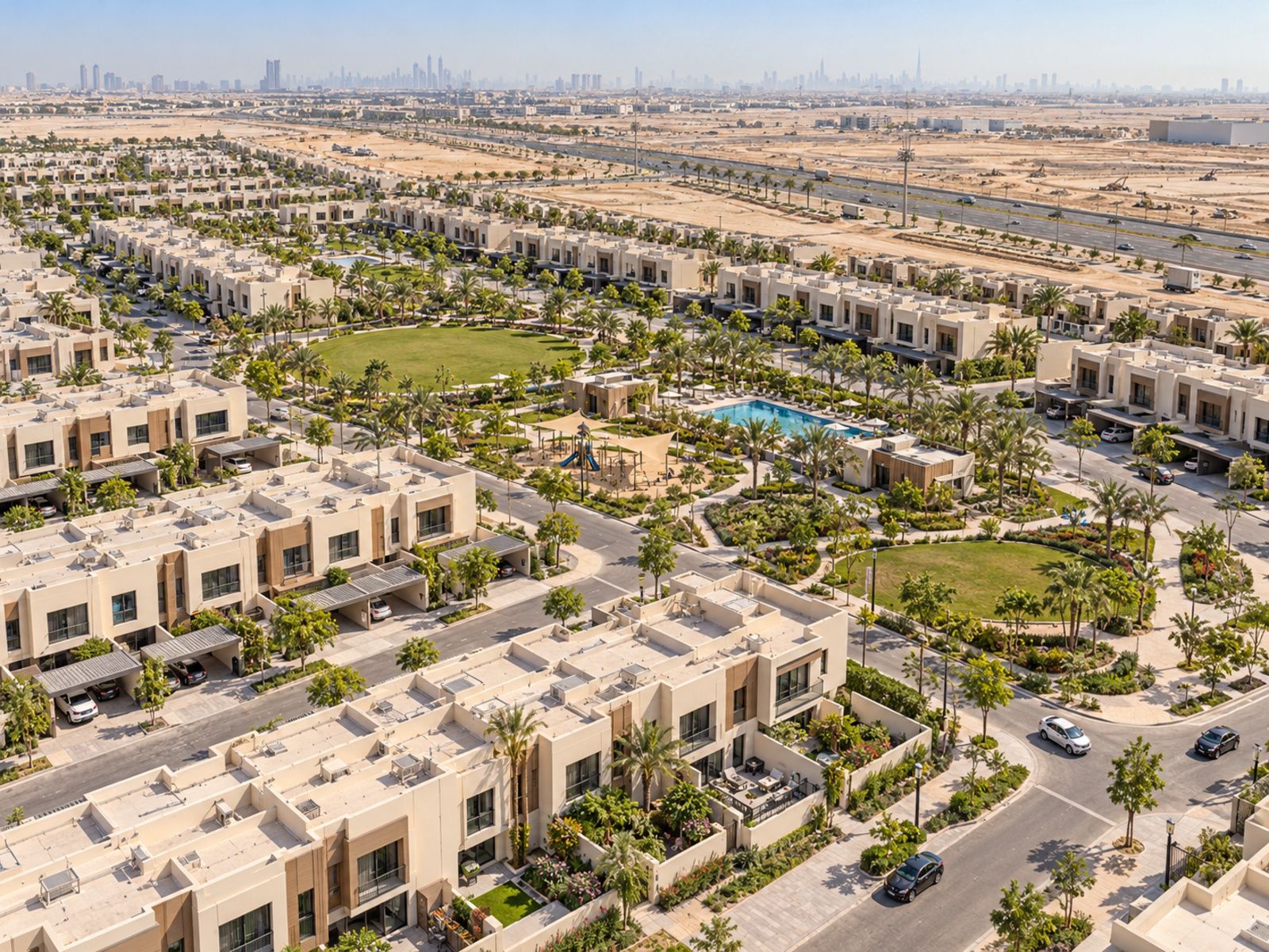 Aerial view of a master-planned townhouse community with parks and a pool